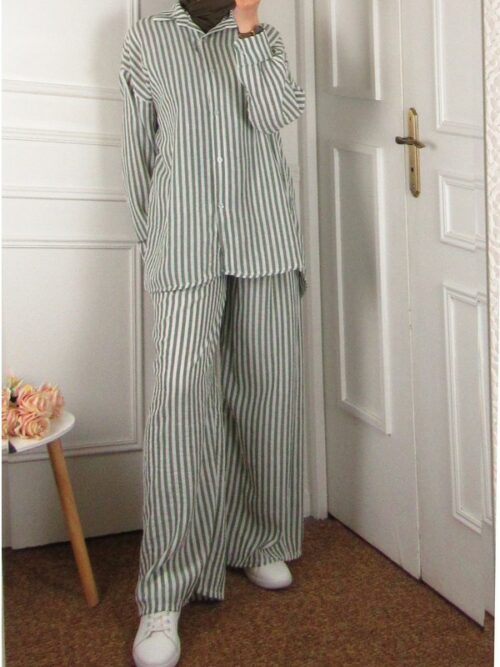 Ensemble à rayures - Vert kaki/Blanc