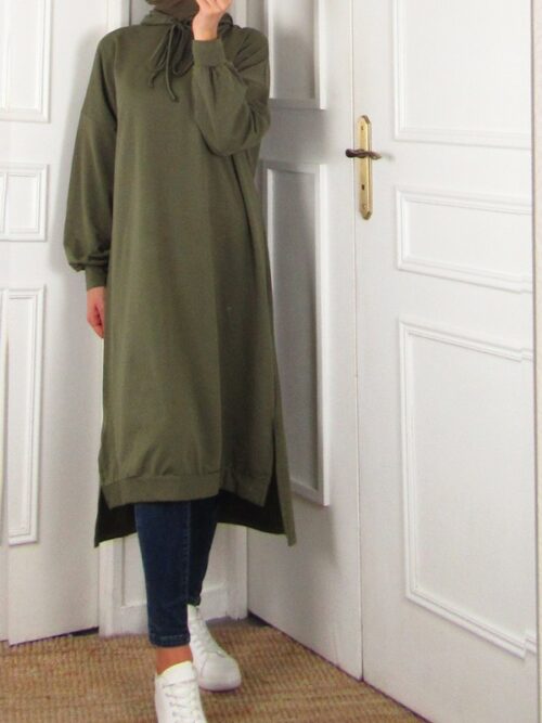 Sweat long à capuche - Vert kaki